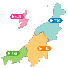 新潟県知事選挙2018が実施される新潟県の四地方別の色付地図